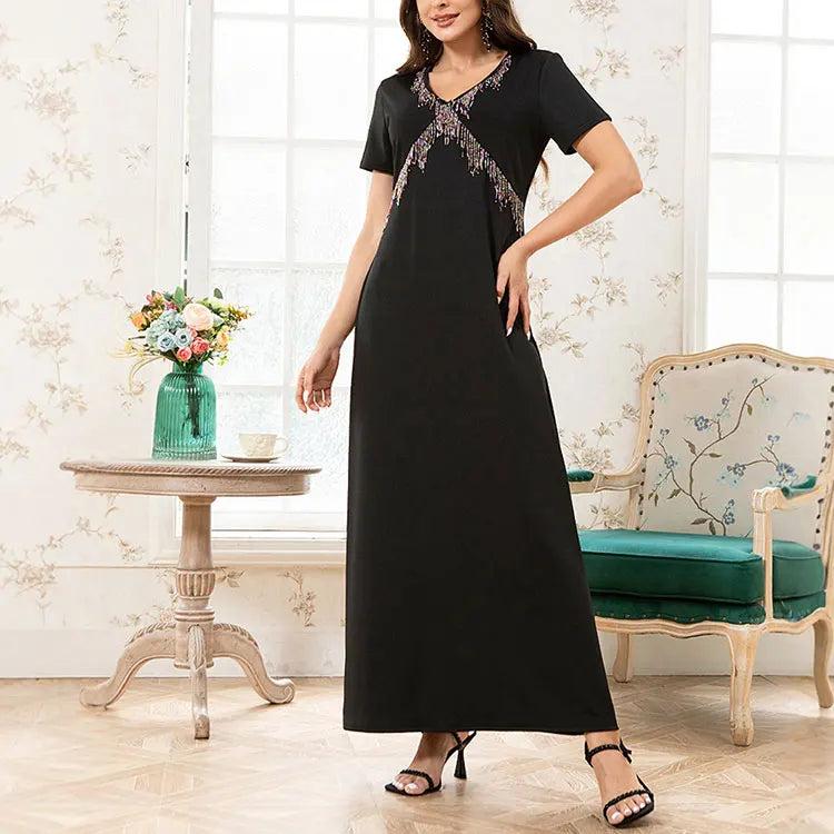 Rafiah Women's Dresses Summer Elegant Fashion 2025 Plain Tassel Short Sleeve V-Neck A Line Midi Vacation Long Dresses