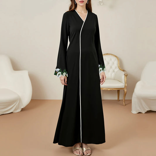 Rafiah Summer Dresses 2025 Women's Vintage Plain Graphic Printing Long Sleeve V-Neck Midi Sheath Binding Arabian Dress