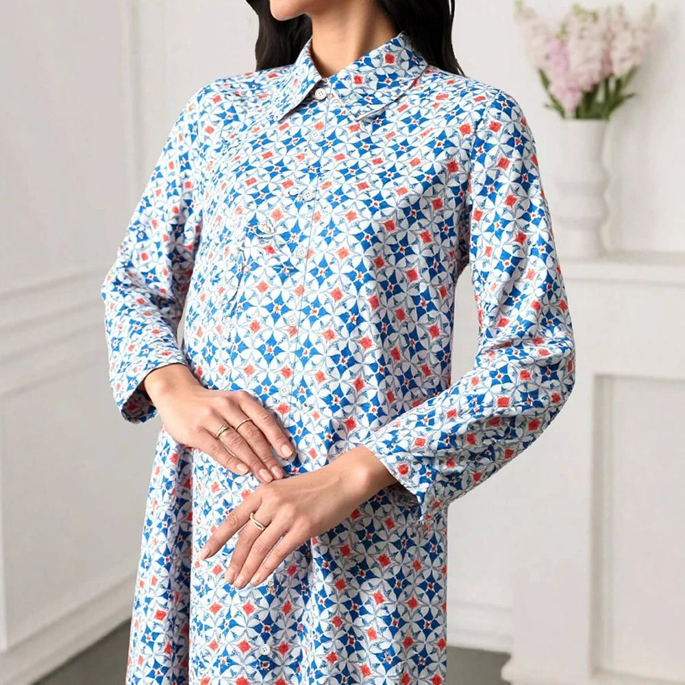 Rafiah Women's Long Dresses Summer Elegant 2025 Full Print Chic Long Sleeve Shirt Collar A-Line Midi Vacation Dresses
