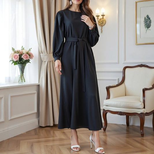 Rafiah Women's Summer Dress Decent Simple Plain Lace-up Cuff Sleeve Keyhole Neckline Midi A-line Casual Arabian Dress