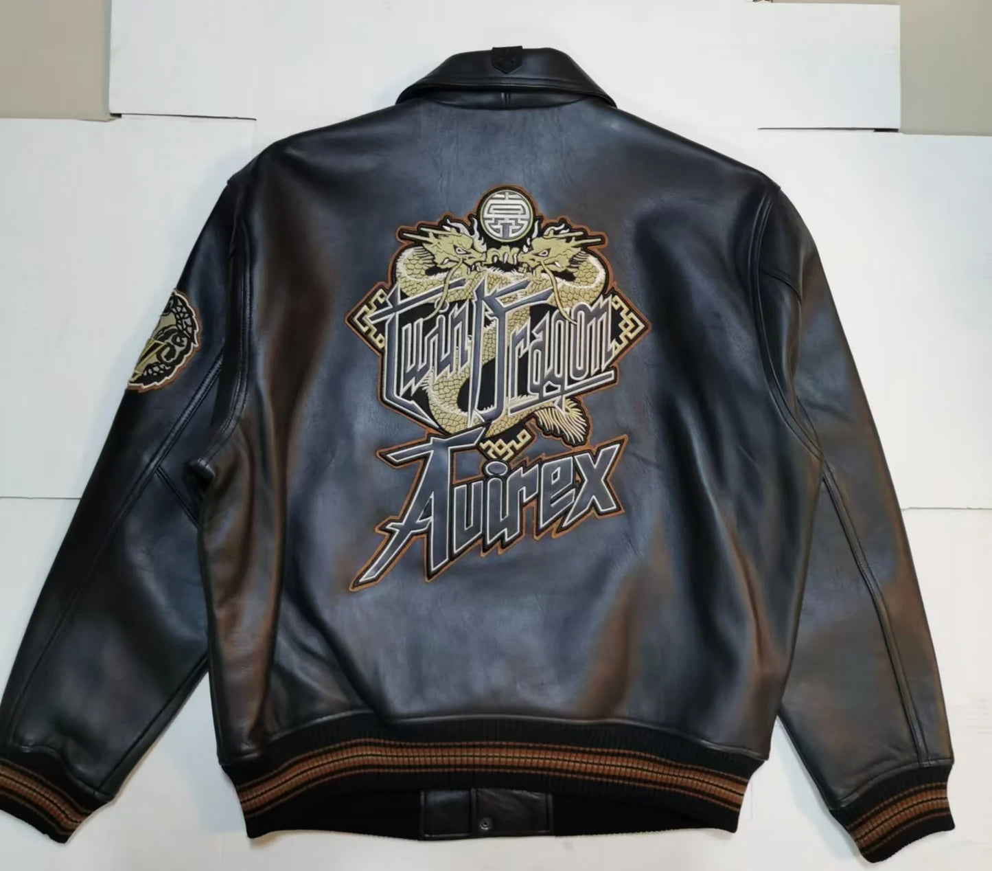 AVIREX fall new jacket men's European antique sheepskin jacket LIMITED EDITION TWIN DRAGON JACKET casual leather jacket tops