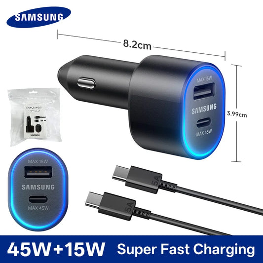 60W Samsung Dual Car Charger with Fast Charging 45W Usb C PD Auto Chargeur for S25 Ultra S25+ S24 Ultra S23 FE S22 A55 A15 A54