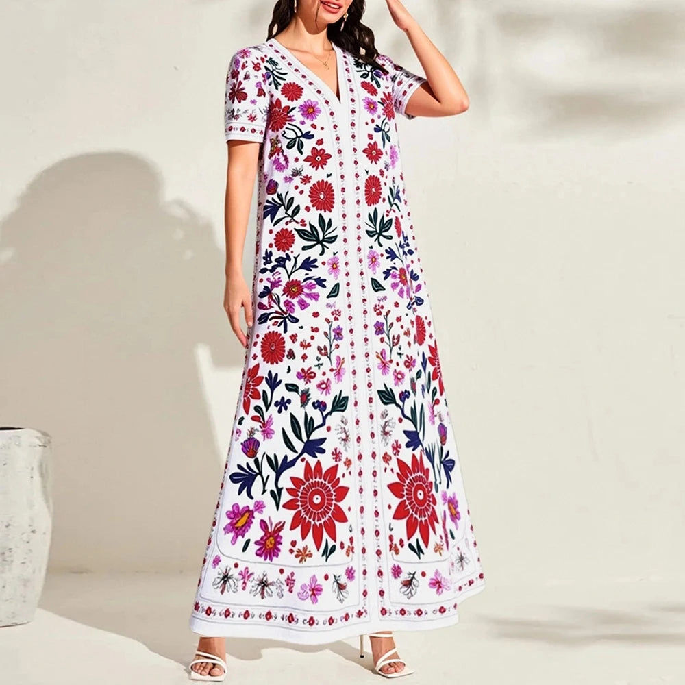 Rafiah Women's Dresses Summer Elegant Decent 2025 Cultural Long Sleeve V-Neck Midi A Line Casual Long Dress