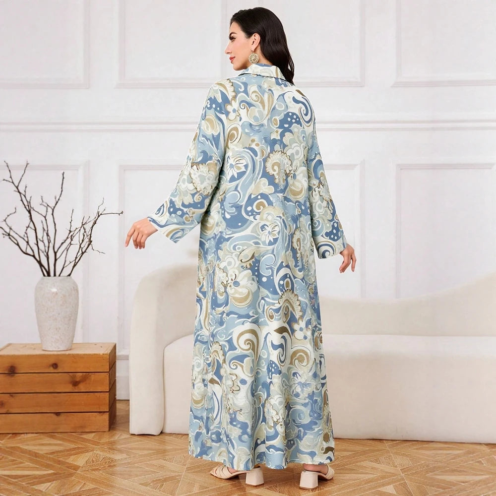 Plus Size Rafiah Women's Summer Arabian Dress 2025 Graphic Printing Long Sleeve Lapel A-Line Draped Long Dress