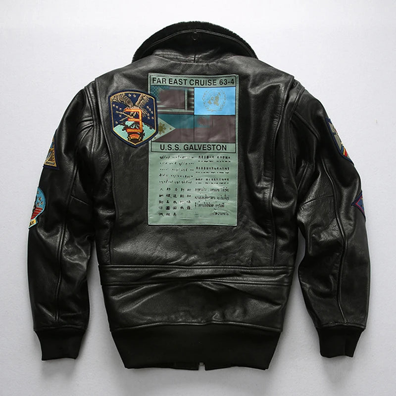 Top Gun Genuine Cowhide Leather Jacket with Wool Collar – Embroidered Unisex Motorcycle Coat