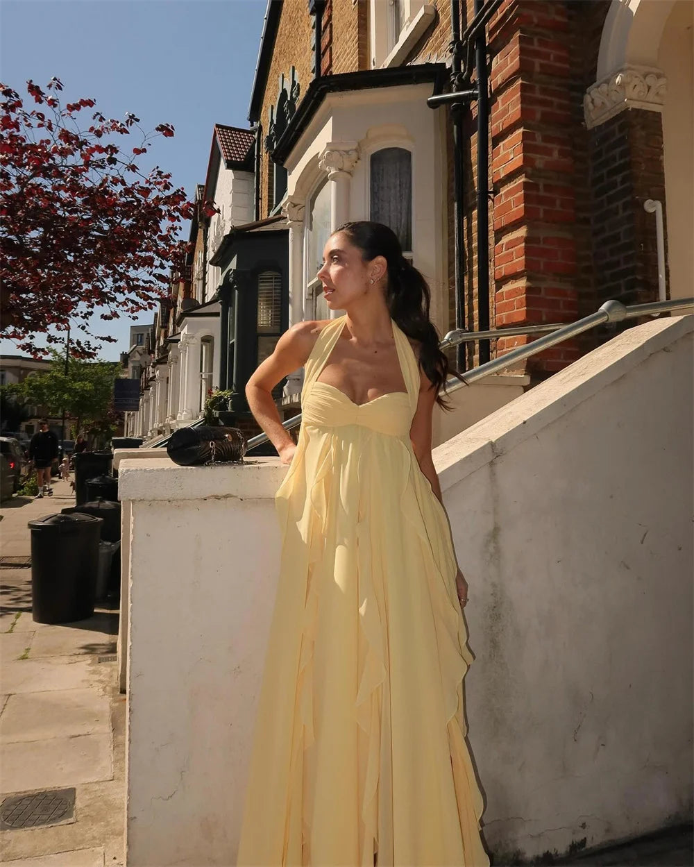 Mila Yellow Halter Neck Customized Party Dresses Elegant Sleeveless Backless Prom Dresses Chiffon Ankle-Length Evening Dresses