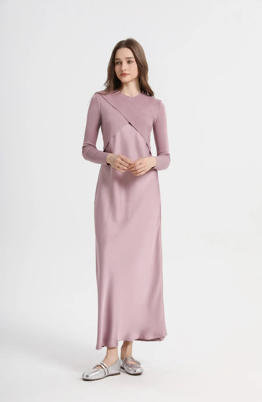 AS 2025 Spring/Summer Elegance Satin Maxi Dress & Knitted Top Set