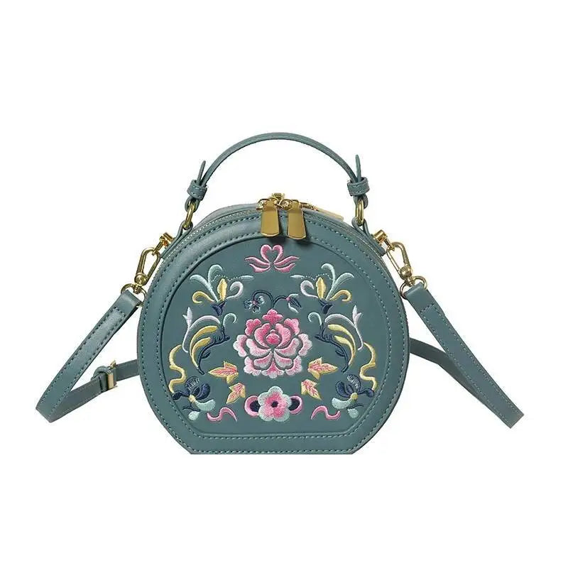 MOTAORA Small Round Women's Shoulder Bag Handmade Leather Embroidered Floral Purse for Teenage Girls Crossbody Bags