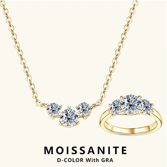 Lnngy Certified GRA Three Stone Moissanite Necklace Ring 925 Sterling Silver Jewelry Set For Women Wedding Engagement Rings Gift