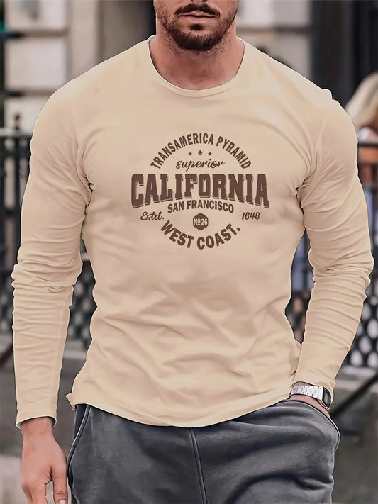 Men's 100% pure cotton loose fit comfortable sports and leisure California West Coast printed round neck long sleeved T-shirt
