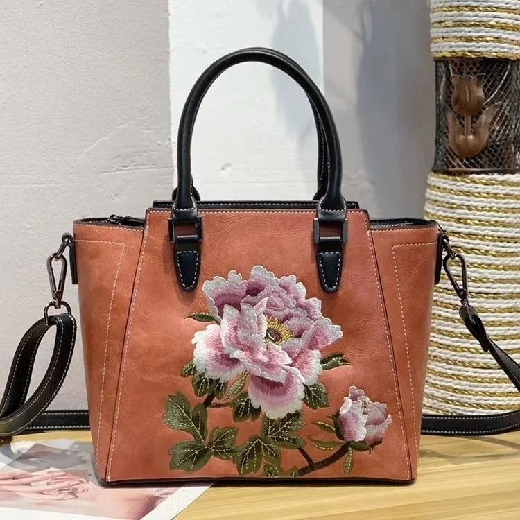 MOTAORA 2025 New Chinese Style Women's Leather Shoulder Bag | Embroidery Flower Handbag