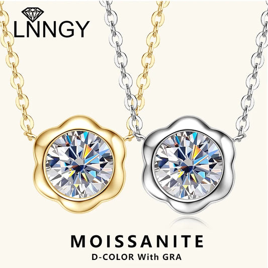 Lnngy GRA Certified D1.00CT Moissanite Necklace 925 Sterling Silver Flower Shape Pendant Necklace for Women Korean INS Jewelry