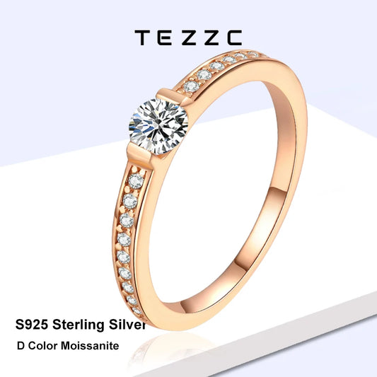 Tezzc 0.3ct D Color Moissanite Eternity Ring 925 Sterling Silver Women Ring Champagne color Commitment Wedding Jewelry With GRA