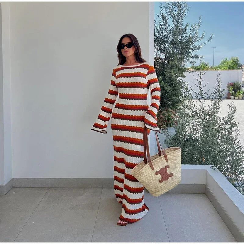 Tossy Striped Contrast Knit Maxi Dress Women Hollow Out Long Sleeve Cover up Summer Loose Ladies Dress High Waist Fashion Dress
