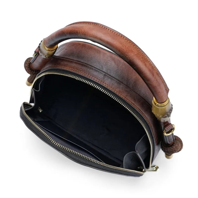 MOTAORA Bamboo Top Handle Embossed Leather Shoulder Bag, Vintage Bohemian Crossbody Purse for Women Handmade Large Capacity Tote