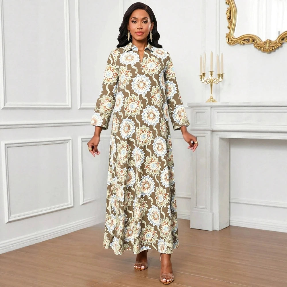 Rafiah Women's Summer Long Dress 2025 Arabian Dress Cultural V-Neck Long Sleeve A-Line Maxi Floral Print Casual Dress