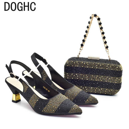 African Shoe and Bags Set for Wedding Women Shoes and Bags To Match Set with Rhinestone Italy Lady Pumps Women Shoes Luxury