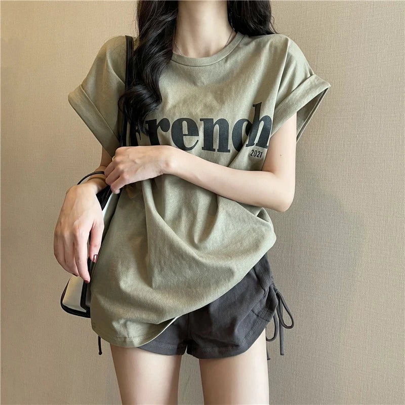 Loose ort Sve T-irt Women's Summer Thin Design Sense  Hong Kong Sle Chic Retro Top Trendy round Ne Polyester ...
