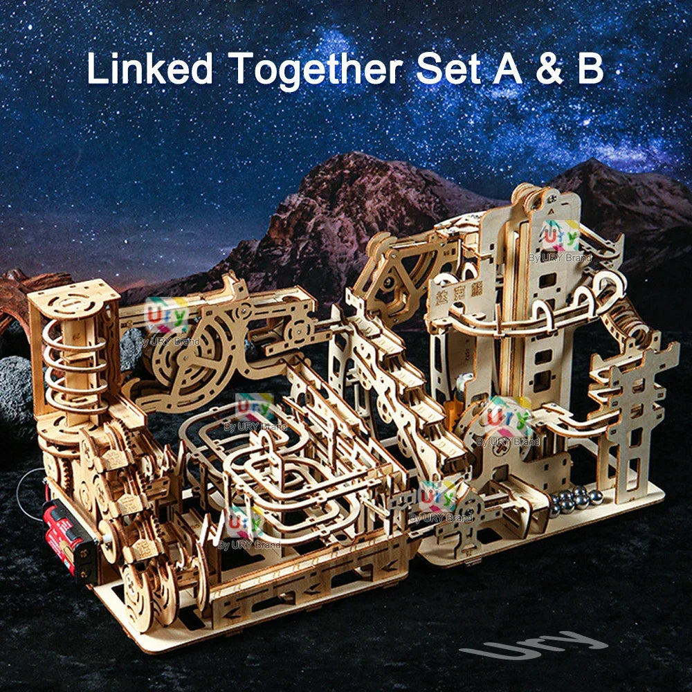 Ury 3D Wooden Puzzles Electric Catapult Track Device Marble Run Set Mechanical Model Science Maze 7 Balls Assembly Gift for Kids