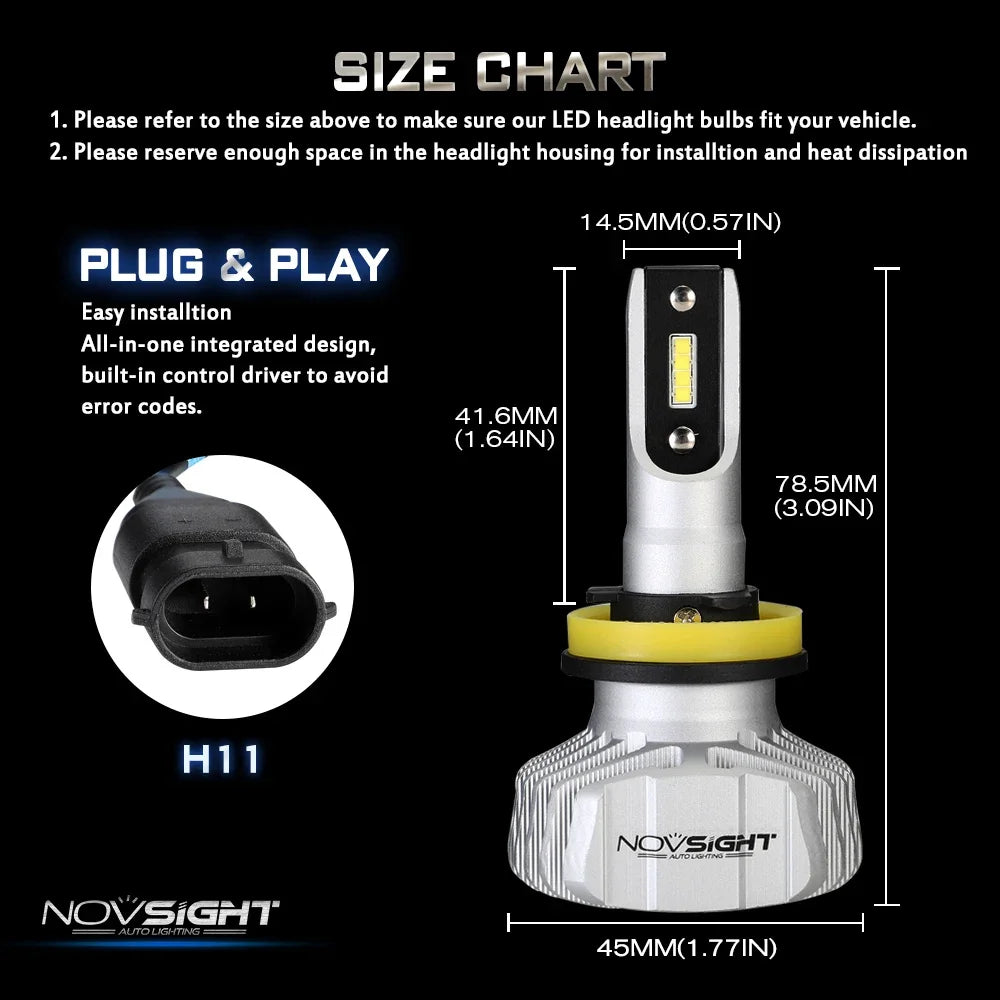 NOVSIGHT Car Headlight H4 Hi/Lo Beam LED H7 H1 H8 H9 H11 9005 9006 50W 10000lm 6500K Auto Headlamp Fog Light Bulbs