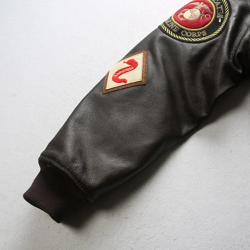 Super Fast Shipping G1 Pilot Jacket Men Removable Hair Collar Genuine Cowhide Vintage Embroidered Label Casual Leather coat TOP