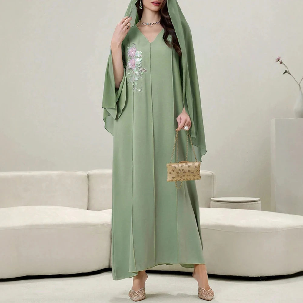 Rafiah Summer Dresses 2025 Women's Appliques Plain Draped Long Flare Sleeve V-Neck Loose Fit Basics Arabian Midi Dress