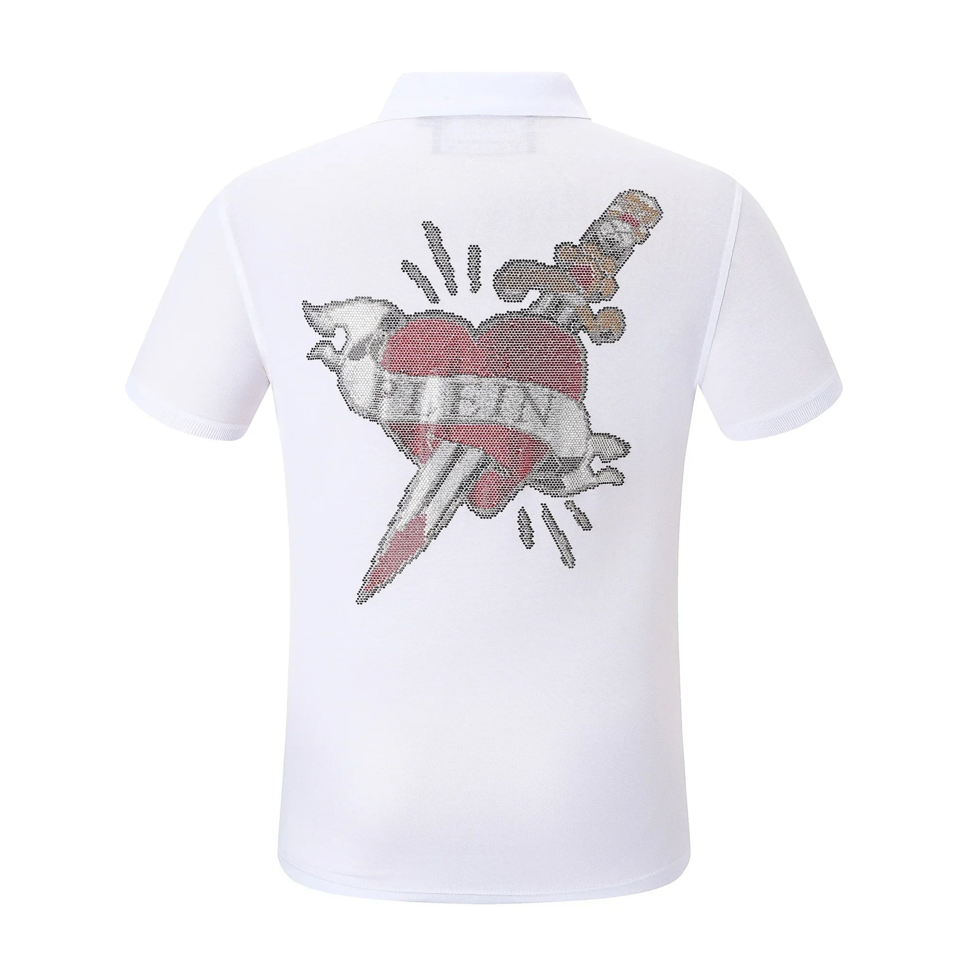 White polo shirt with a heart and dagger design on the back