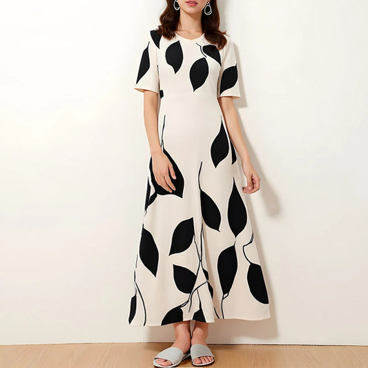 Rafiah Summer Arabian Dress 2025 Fashion Decent Contrast Color Short Sleeve V-Neck Midi A-Line Long Dress For Women