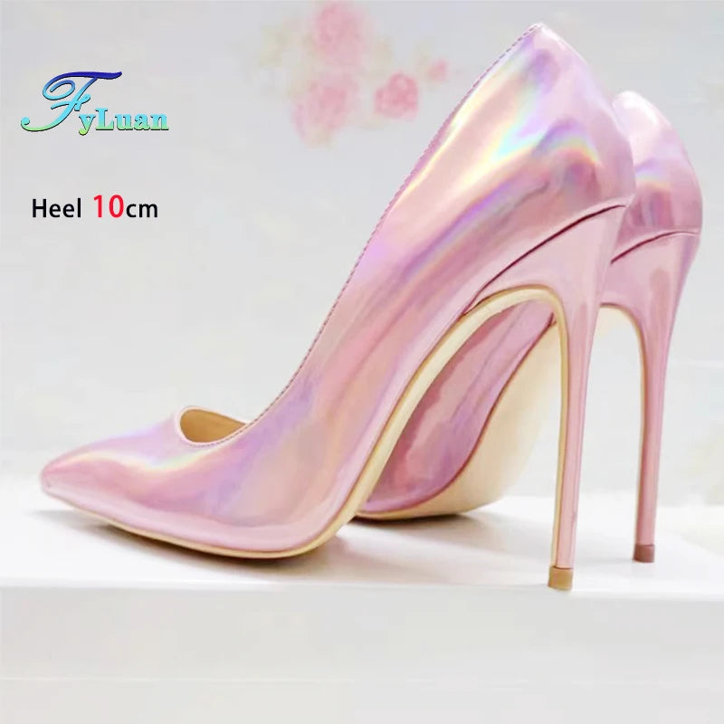 2025 New Party Banquet High Heels For Women Temperament Single Shoes 10CM 12CM Fashion Pointed Laser Holographic Summer Pumps
