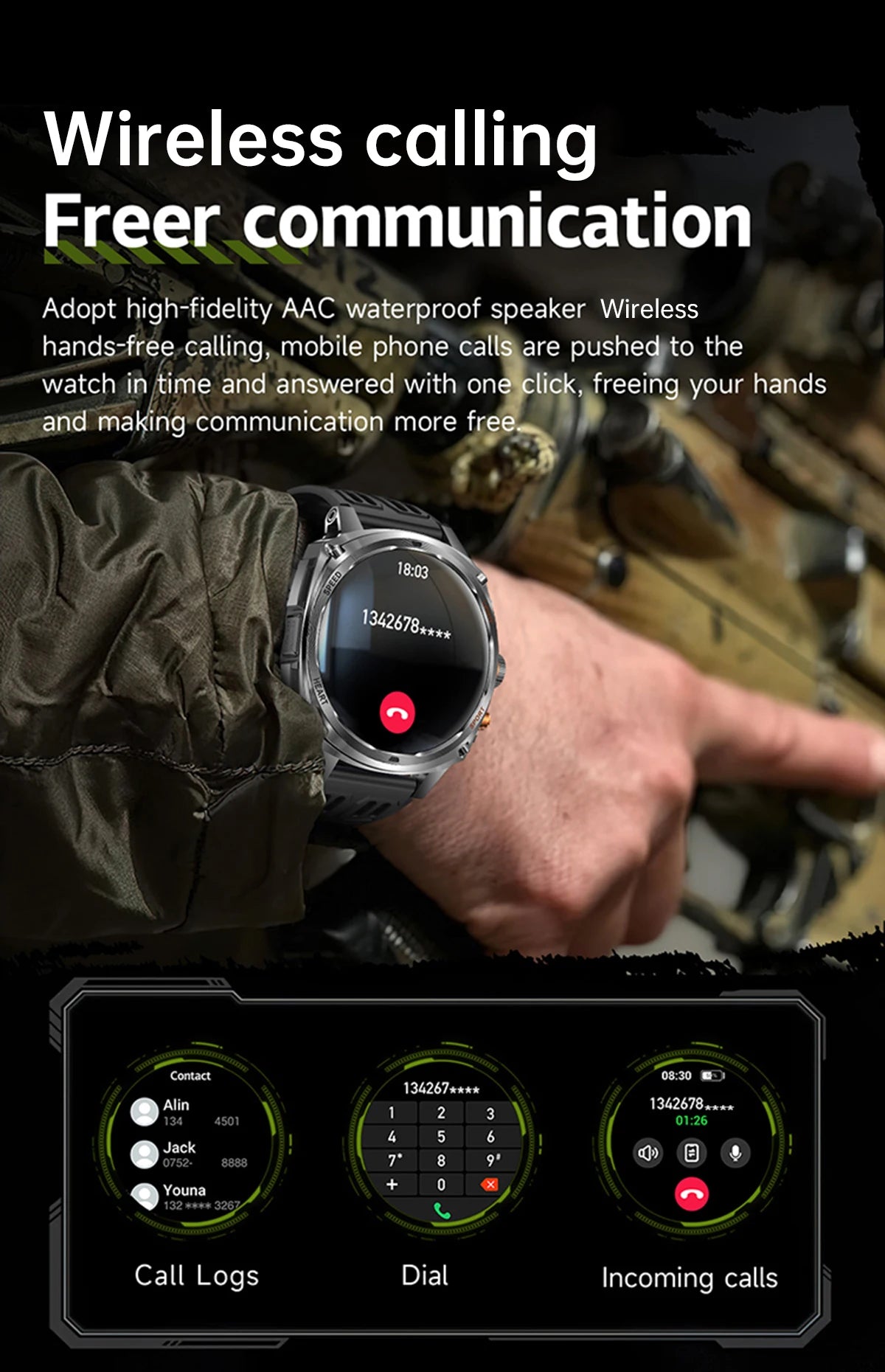 LIGE Rugged Military 1.75-inch AMOLED Screen Smart Watch With LED Flashlight 800mAh Battery Bluetooth Call Smart Watch Men Gift