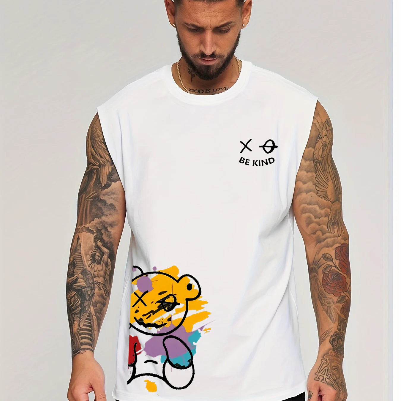 🐻 Men’s Summer Sleeveless Tank Top,Cartoon Bear Print BE Kind| Loose Fit | Comfortable & Breathable | Leisure & Fitness