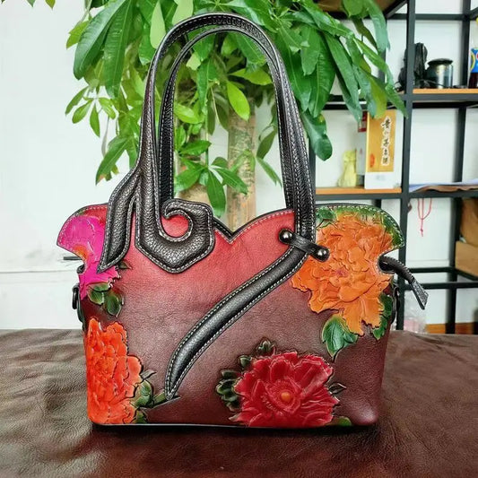 Vintage Genuine Leather Handbag Woman Floral Tote Bags For Women 2024 New Handmade Cow Leather Shoulder or Crossbody Bag