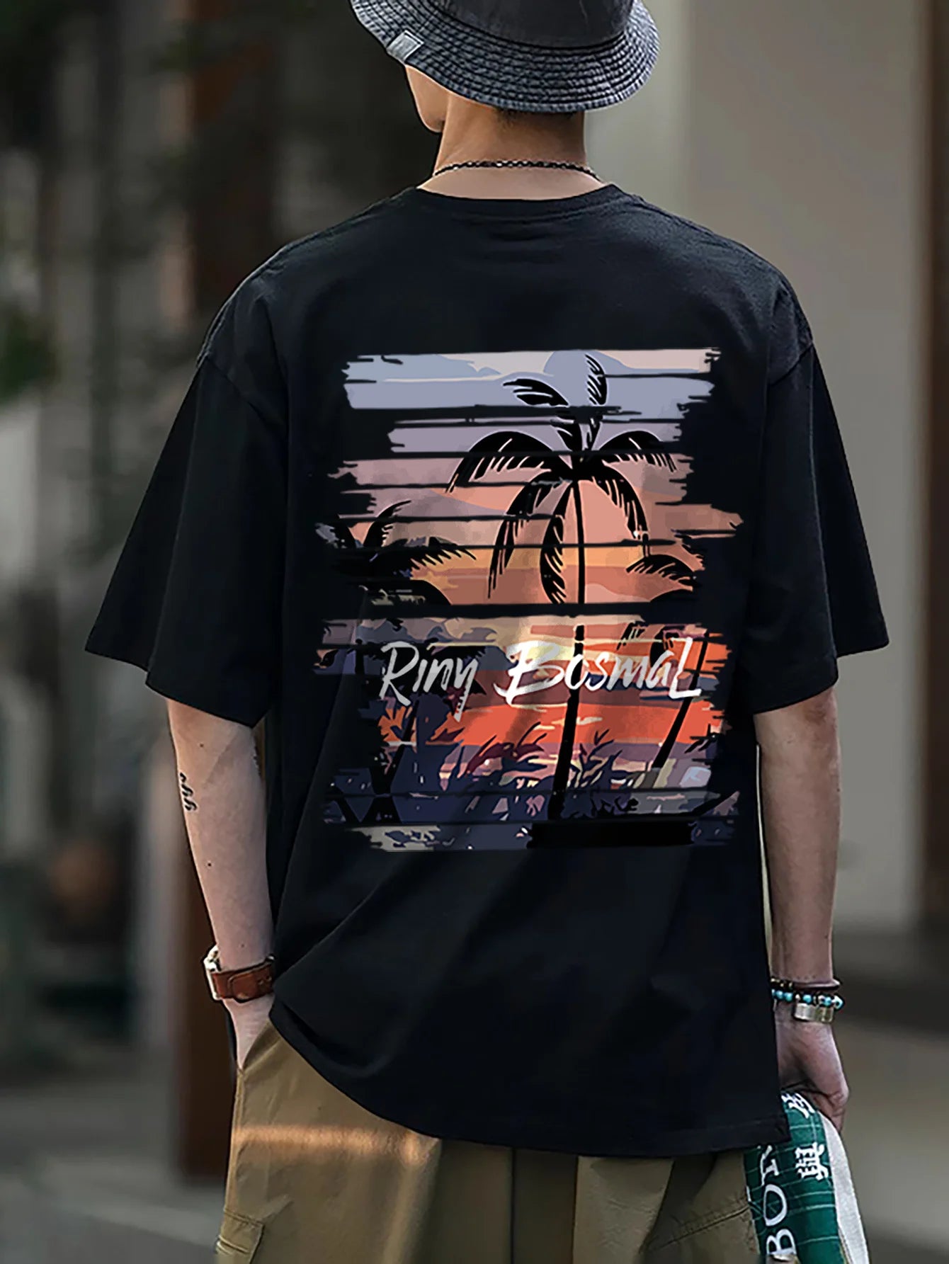 Men's 100% Cotton Casual Palm Tree Printed Short Sleeve T-Shirt