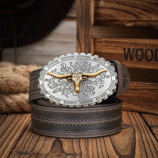 Men & Women-Western-Cowboy-PU Leather-Belts - Vintage horse Belt Floral Engraved Buckle Belt for Jeans