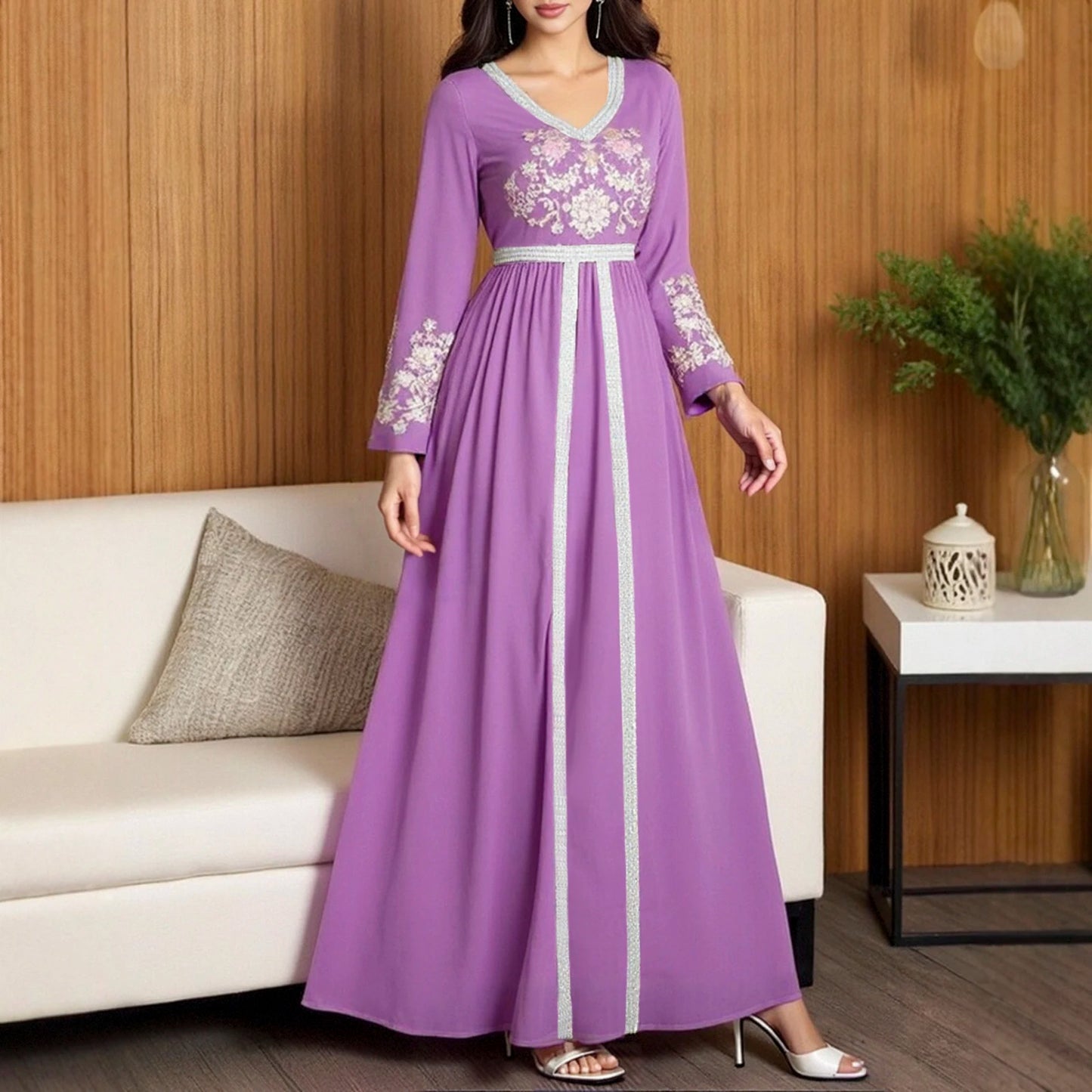 Rafiah Autumn Arabian Long Dress 2025 Casual Decent Patchwork Floral Long Sleeve V-Neck Maxi Dress For Women