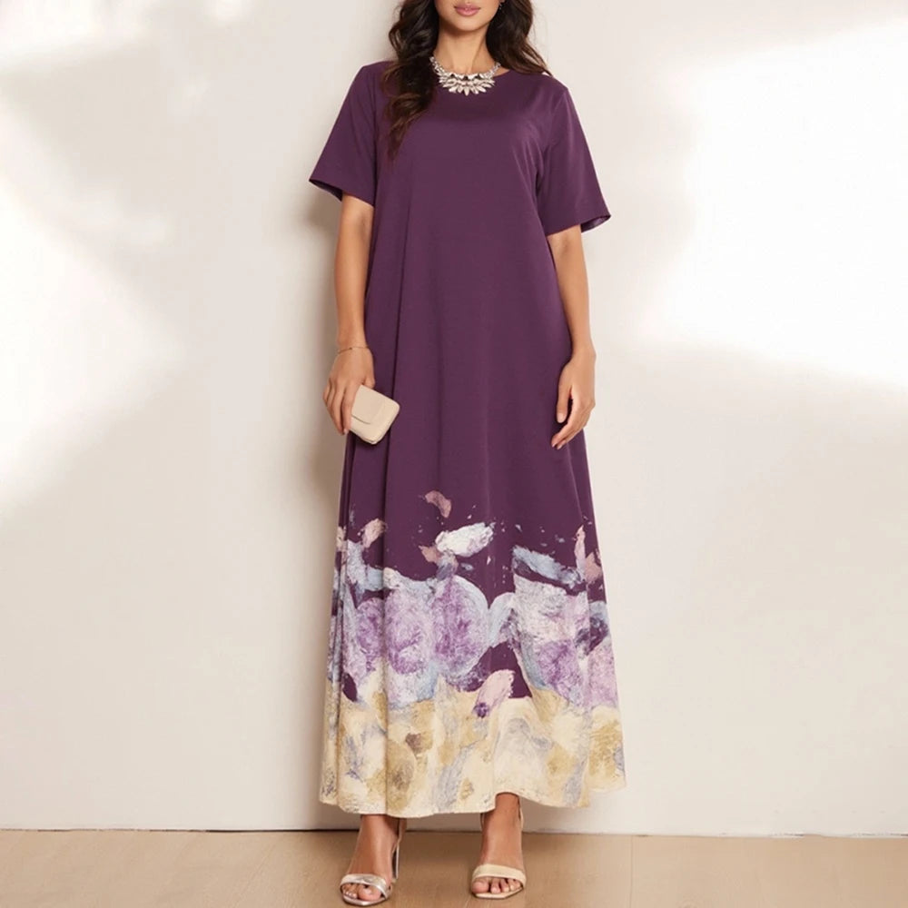 Rafiah Women's Dresses Summer Elegant Decent 2025 Grass Print Short Sleeve Round-Neck Midi A Line Casual Long Dresses
