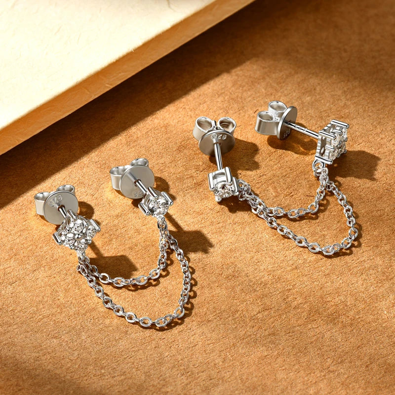 Lnngy 925 Sterling Silver Double Studs Chain Tassel Earrings GRA Certified 3mm&2mm Flower Moissanite Drop Earring For Women Gift