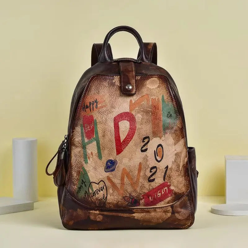 MOTAORA 2025 New Retro Genuine Leather Backpack For Women Hand-painted Graffiti Design Cowhide Travel Bag For Everyday Use
