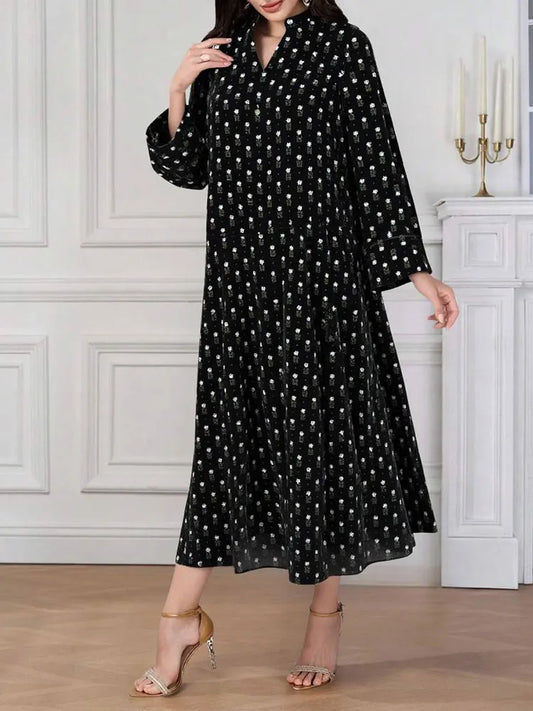 Rafiah Women's Even Dress Arabian 2025 Summer Elegant Contrast Color Polka Dot Long Sleeve Half Open Collar Draped Long Dress