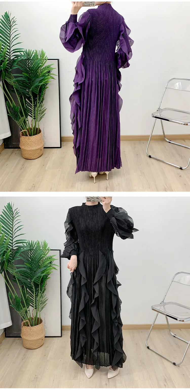 Fashion Ruffles Pleated Dress Women Round Neck Flare Sleeves Solid Maxi Belt Dresses Party 2025 Autumn New