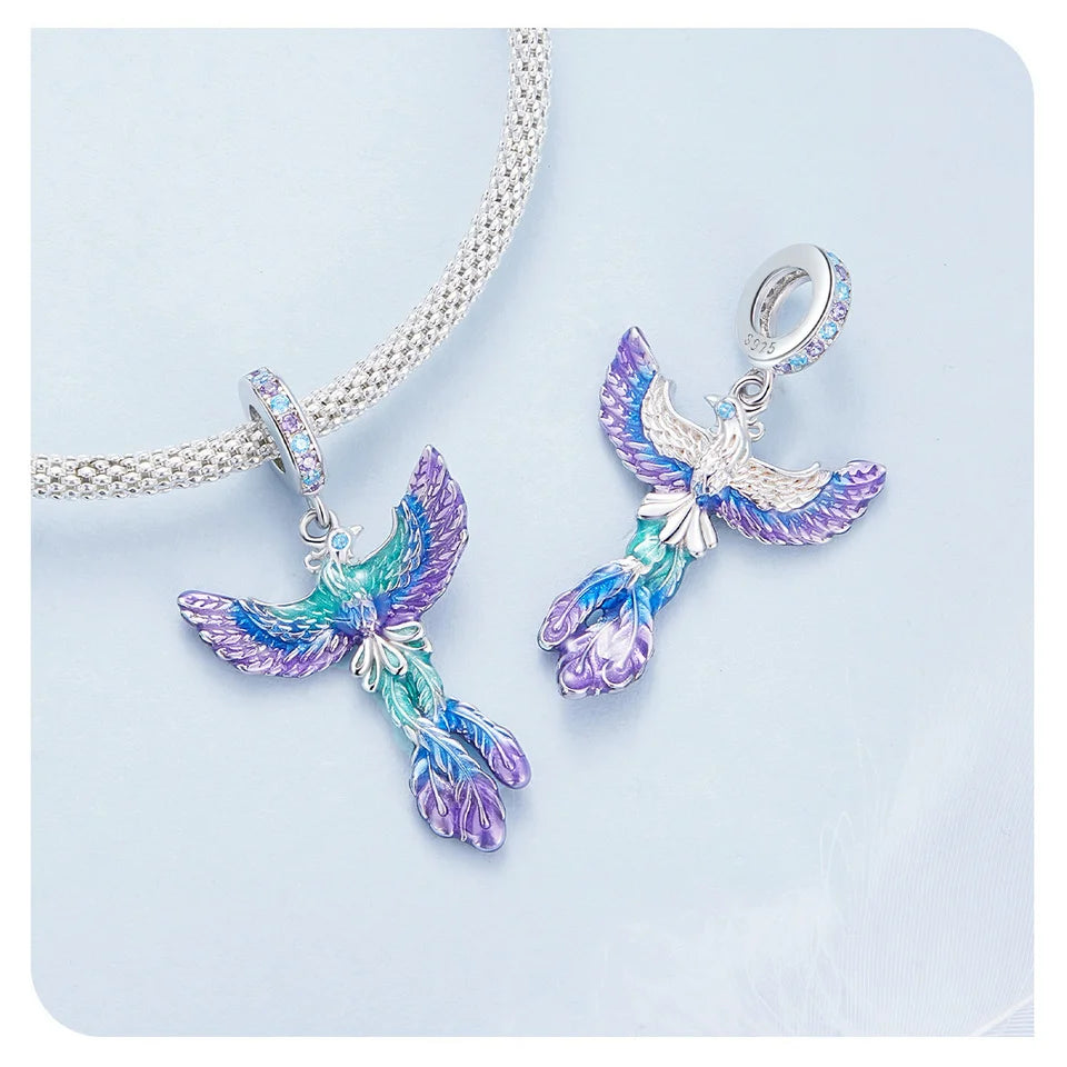 Bamoer  925 Sterling Silver Phoenix Pendant Dragon Charms Enamel Process Plated Platinuma Fit Women DIY Bracelet Fine Jewelry