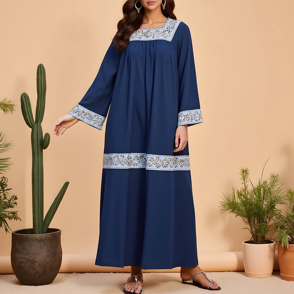 Rafiah Summer Long Arabian Dress 2025 Casual Daily Contrast Color Long Sleeve Square Neck Midi Loose Fit Dresses