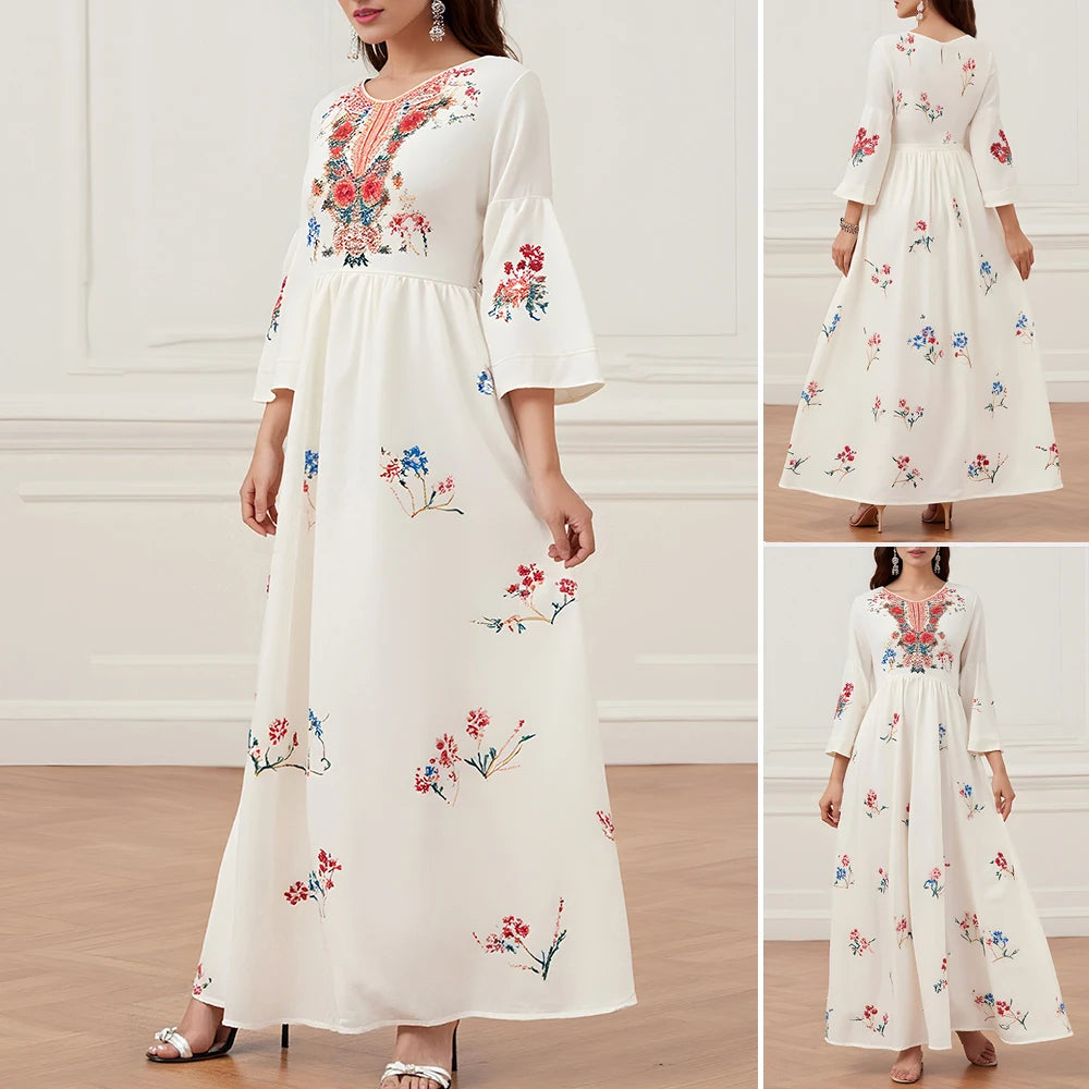 Rafiah Summer Dresses 2025 Women's Flower Graphic Printing Long Sleeve V-Neck Fit and Flare Arabian Midi Dress