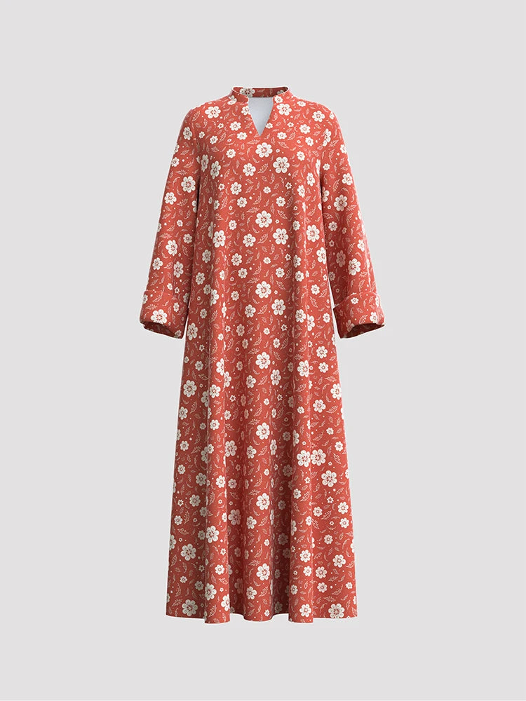 Rafiah Women's Arabian Dress Even Dress 2025 Summer Elegant Full Print Long Sleeve V-Neck Vacation Loose Fit Long Dress