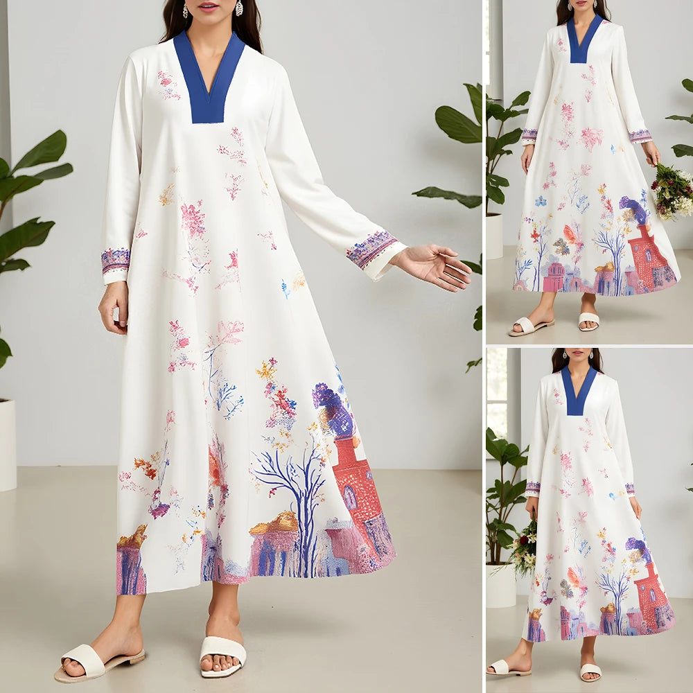 Rafiah Women's Summer Dress Ventilate Comfortable Graphic Printing Long Sleeve V-Neck Mixi A-LineDaily Arabian Dress
