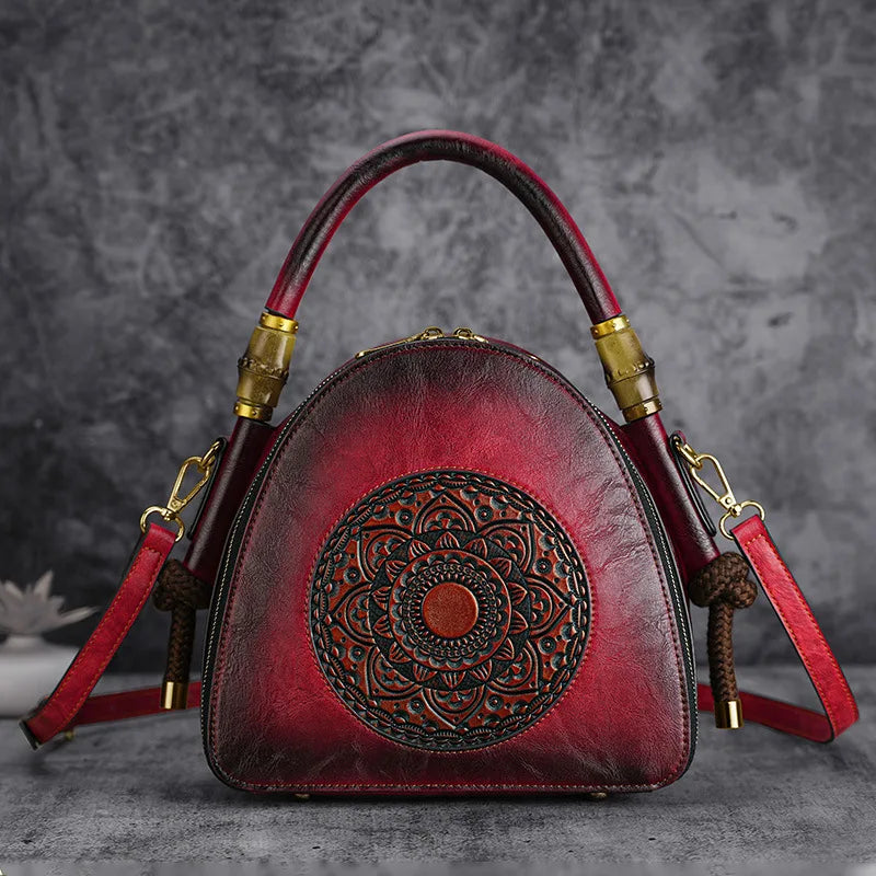 MOTAORA Bamboo Top Handle Embossed Leather Shoulder Bag, Vintage Bohemian Crossbody Purse for Women Handmade Large Capacity Tote