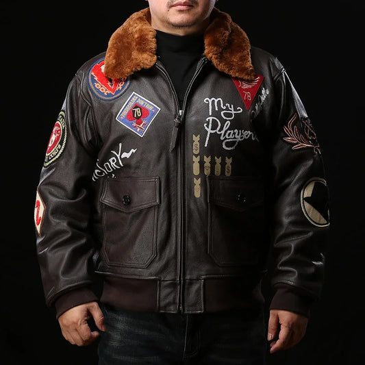 Super Fast Shipping G1 Pilot Jacket Men Removable Hair Collar Genuine Cowhide Vintage Embroidered Label Casual Leather coat TOP