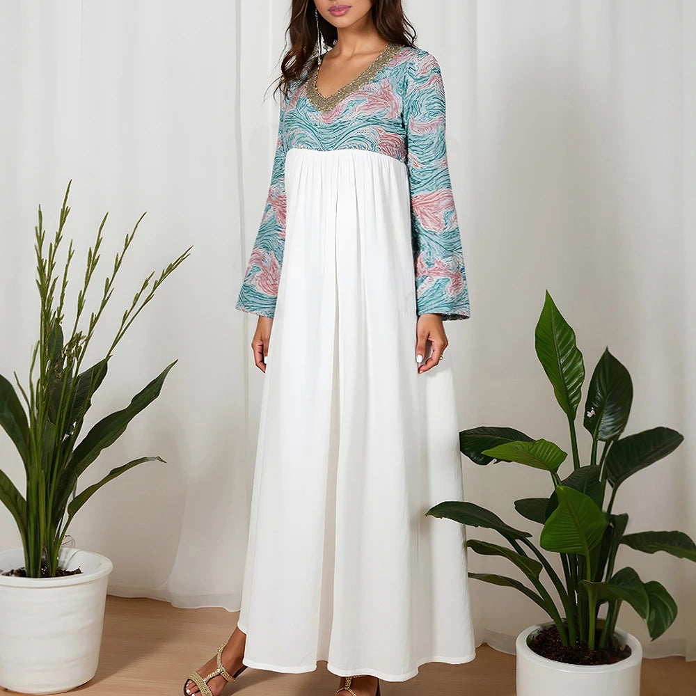 Rafiah Women's Dresses Summer Comfortable Elegant 2025 Decent Long Sleeve V-Neck A-Line Midi Vacation Long Dresses