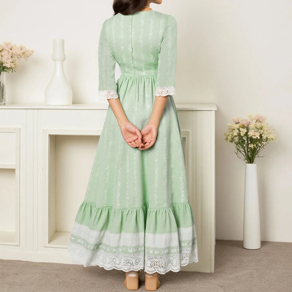 Rafiah Women's Summer Arabian Dress Loose Fit Comfortable Lace Shirring Lace-Up 3/4 Sleeve Crew Neck Midi Casual Arabian Dress