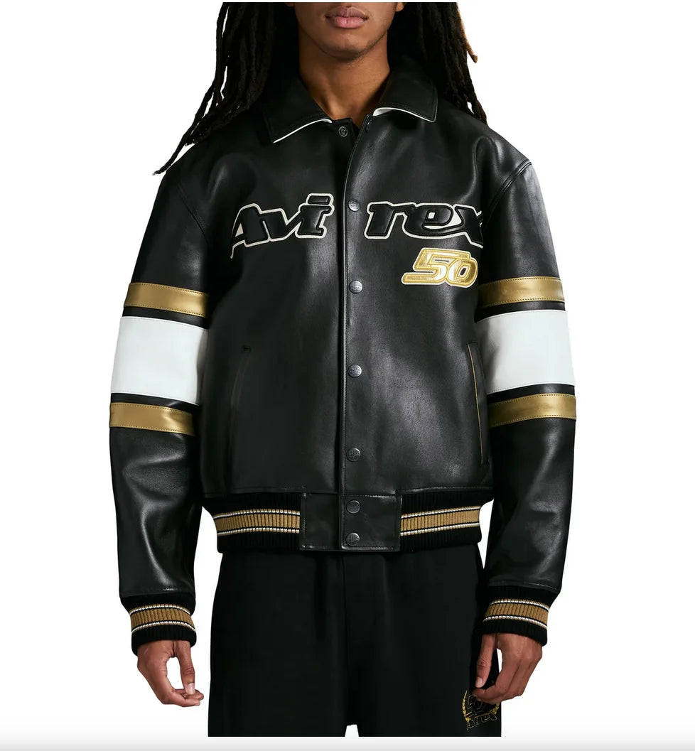 AVIREX Spring 2025 New Release Limited Edition European Sheepskin Jacket Gold Badge Embroidered 50TH ANNIVERSARY  Leather  coat